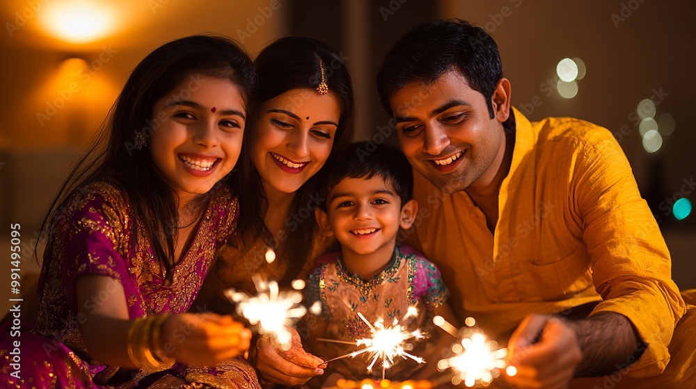 Fototapeta premium A family of four, including a young boy and girl, are gathered around a fire