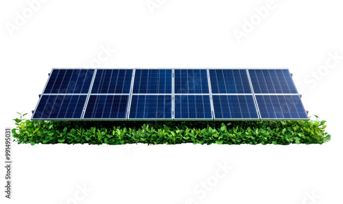 Solar panel mounted on green grass isolate on transparent background, png, cutout