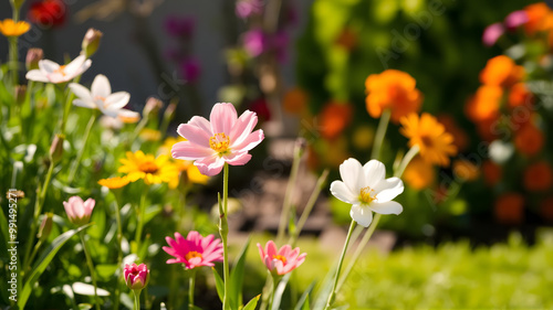 Colorful garden blooms in spring with a variety of flowers in sunlight