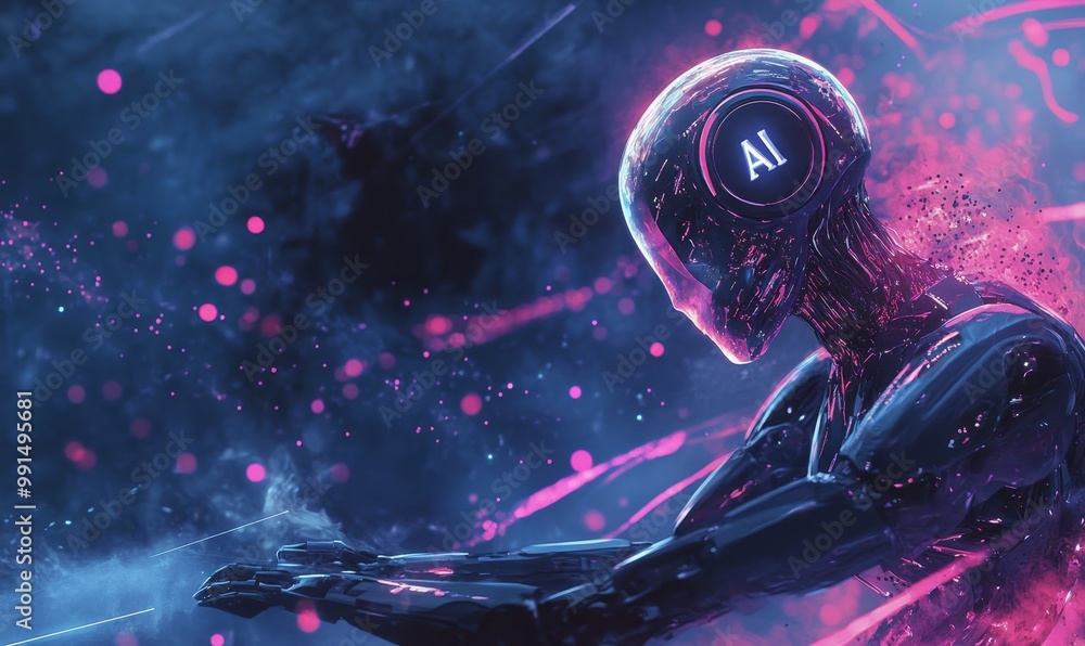 AI robot with glowing pink lights. AI robot with glowing pink lights.