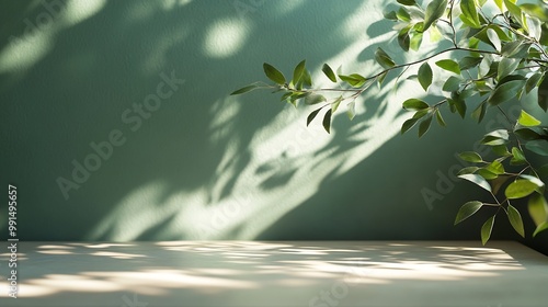 Empty table and darkgreen wall Table with sun reflections and leaves shadows on beige wall Background with bokeh for product presentationMock up for presentation branding products cosm : Generative AI