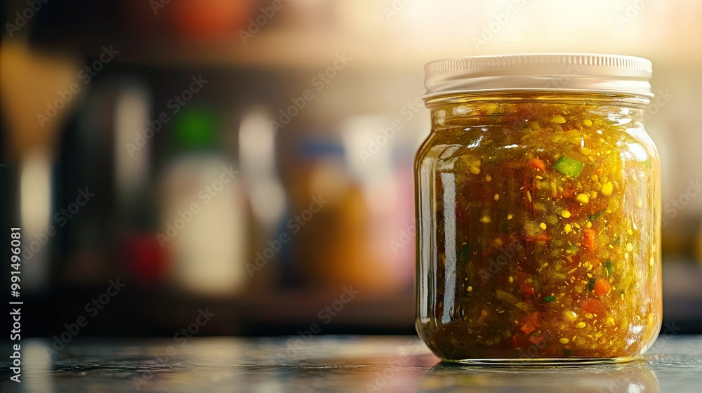 Close-up of a jar of relish with a clean countertop background providing ample space for copy. Close-up of a jar of relish with a clean countertop background providing ample space for copy.