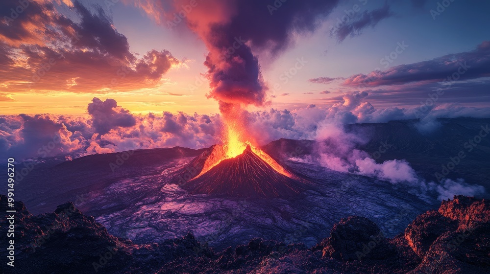 Fototapeta premium A dramatic sunset view of a volcano with an active eruption, casting a warm glow on the clouds and surrounding terrain, showcasing nature's beauty and power