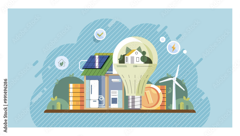 Green technology concept. Solar panels, wind turbines, batteries, light bulbs and energy-efficient appliances surrounded by plants and a light bulb symbolizing a house. Ideal for sustainability Green technology concept. Solar panels, wind turbines, batteries, light bulbs and energy-efficient appliances surrounded by plants and a light bulb symbolizing a house. Ideal for sustainability
