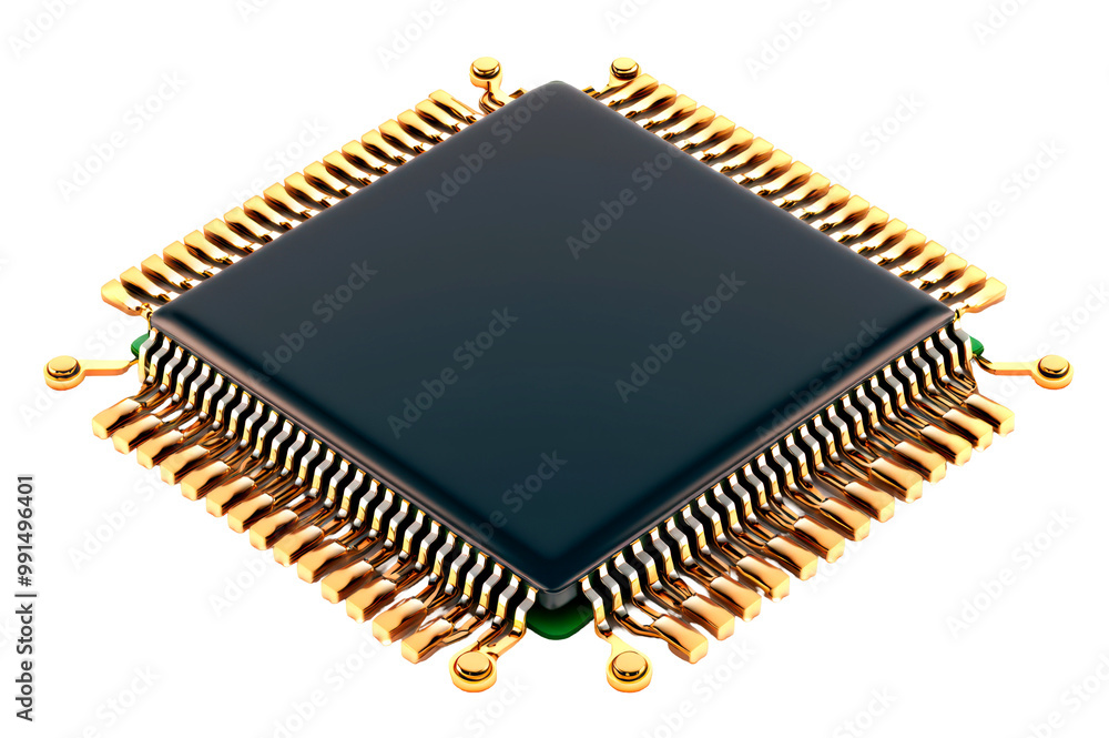 Close up of a black computer chip with gold connectors isolate on transparent background, png, cutout Close up of a black computer chip with gold connectors isolate on transparent background, png, cutout