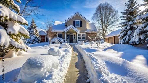 Wallpaper Mural Freshly fallen snow cleared from the front of the house , suburban, house, landscape, cold, frost, pristine, home, peaceful, neighborhood, snow, snow-covered, driveway, residential, winter Torontodigital.ca