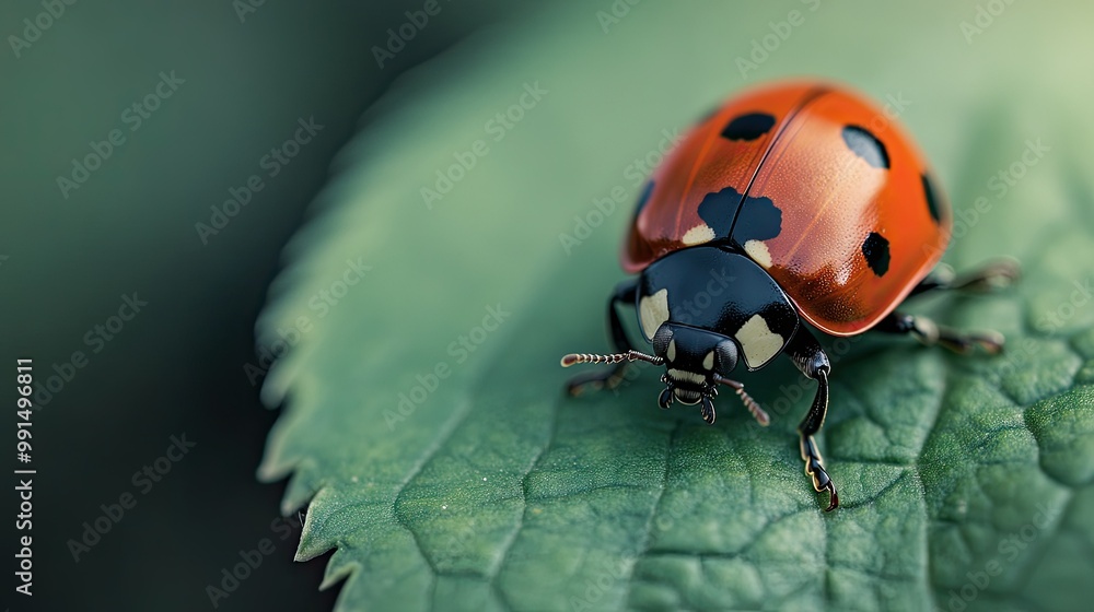 Fototapeta premium Close-up of a ladybug on a green leaf, with a large open background area for text. -