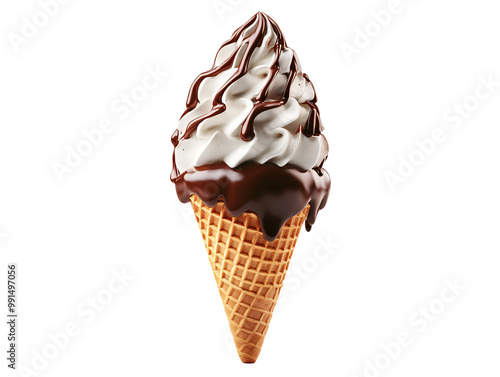 a ice cream cone with chocolate syrup photo