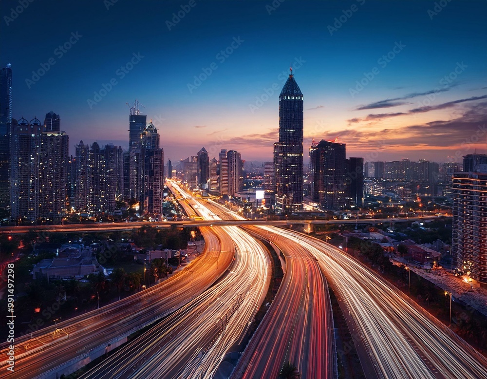 An evening skyline with city lights and roads captured in long exposure, creating radiant trails in the dusk sky An evening skyline with city lights and roads captured in long exposure, creating radiant trails in the dusk sky