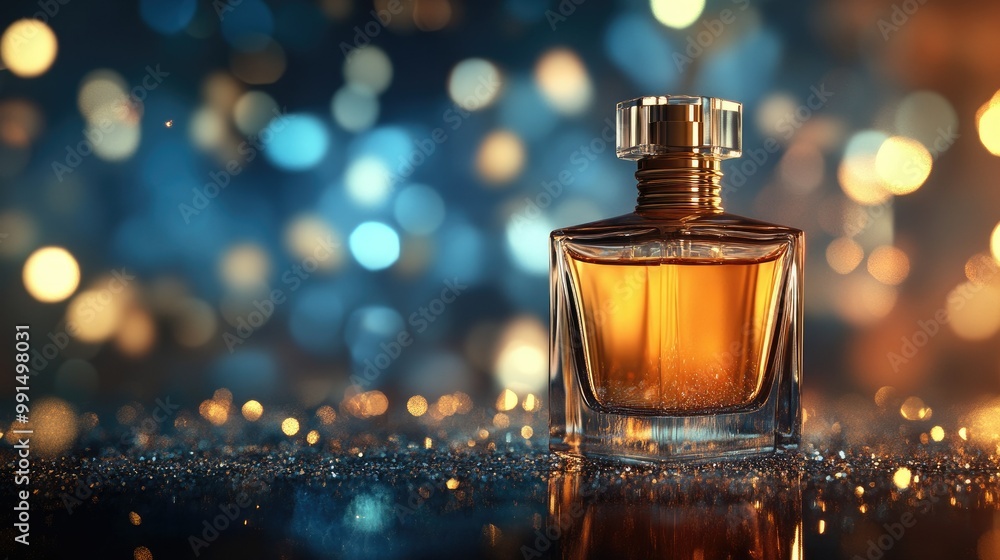Close-up of a luxury perfume bottle with a shimmering background, providing ample space for text or design. Close-up of a luxury perfume bottle with a shimmering background, providing ample space for text or design.