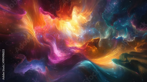 Abstract Space-Time Fabric Visualize a warped, colorful fabric of space-time, with intricate distortions and vibrant hues blending in a cosmic tapestry.