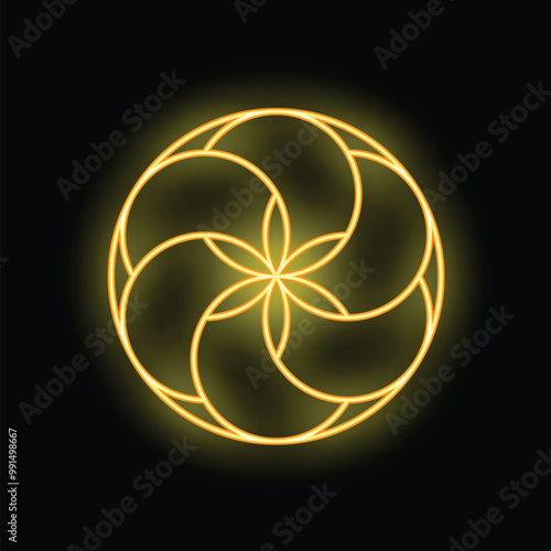 Neon seed of life symbol glowing yellow on a black background