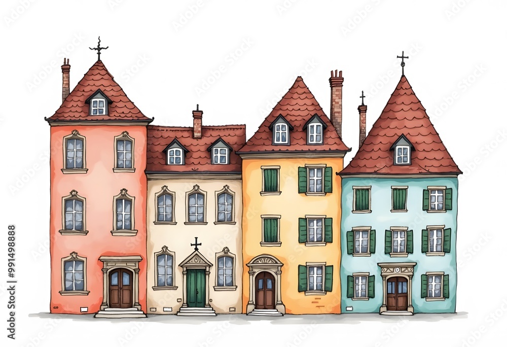 Obraz premium Set of houses. Watercolor hand painted illustration 
