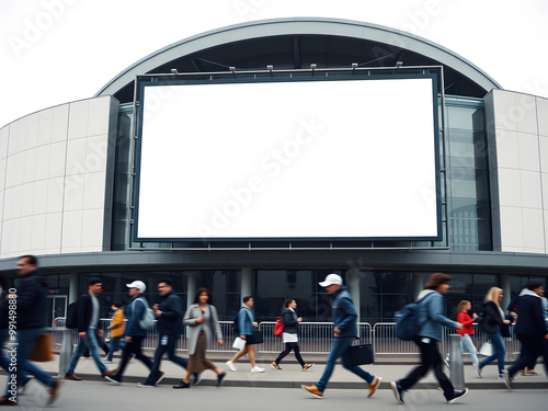 Blank stadium billboard with fans walking by