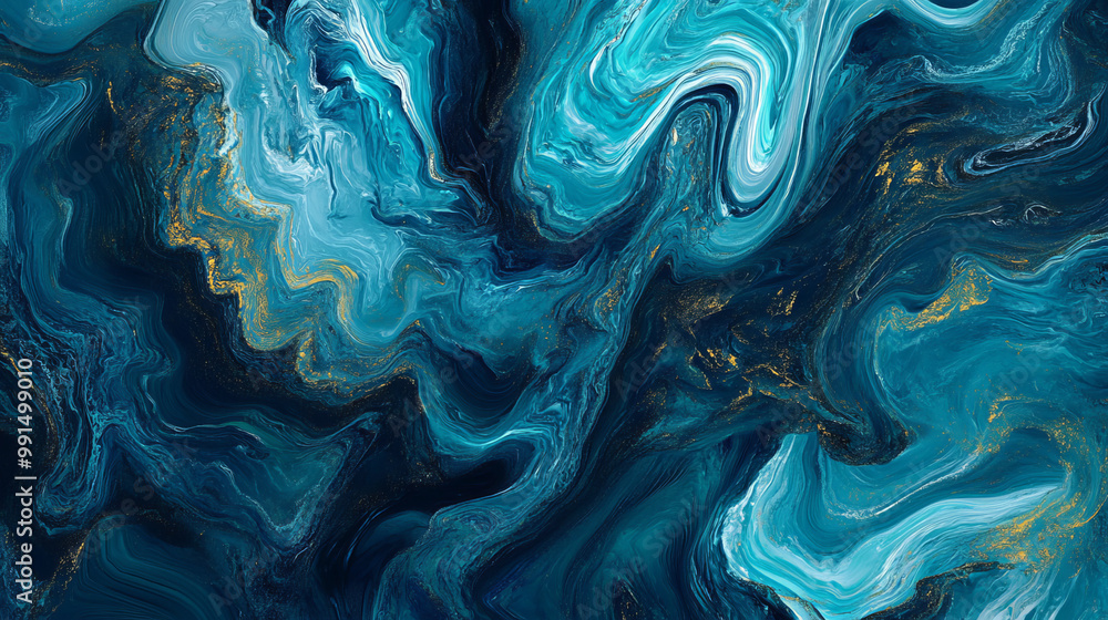 An abstract swirling pattern of deep blues and turquoise, mimicking an aerial view of ocean waves or marble texture An abstract swirling pattern of deep blues and turquoise, mimicking an aerial view of ocean waves or marble texture