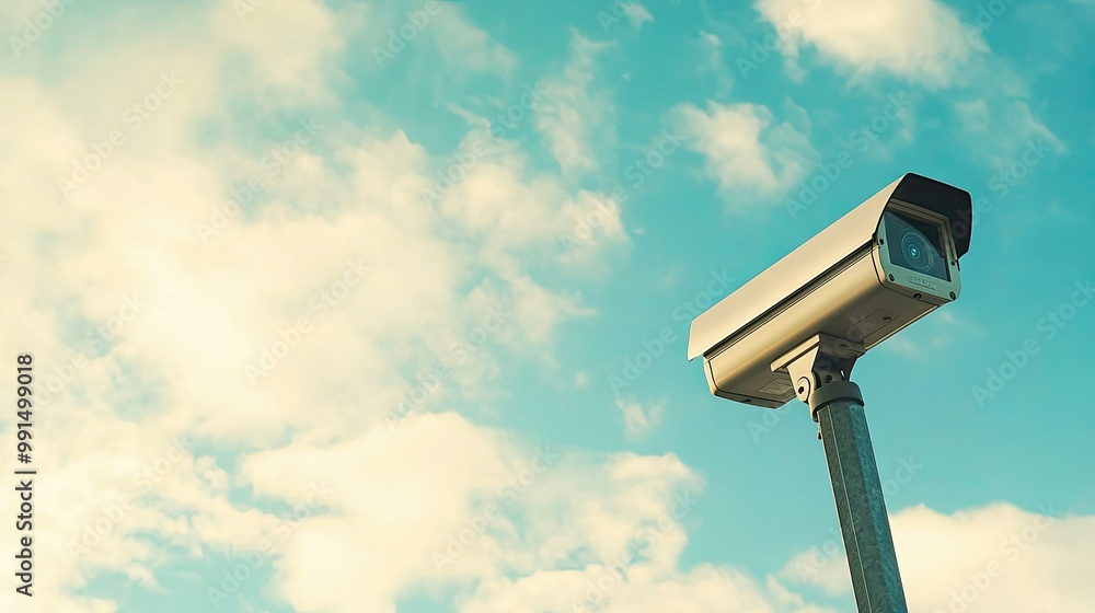 Close-up of a modern surveillance camera under a bright sky, leaving room for text on the left side. Close-up of a modern surveillance camera under a bright sky, leaving room for text on the left side.