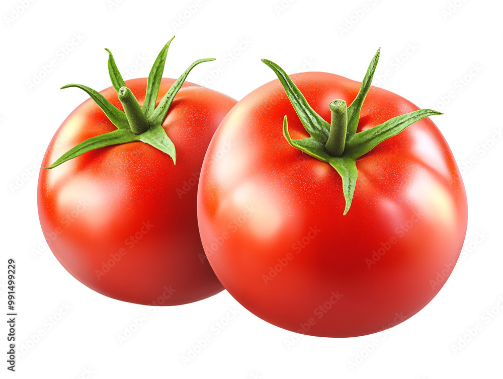 two tomatoes with green stems