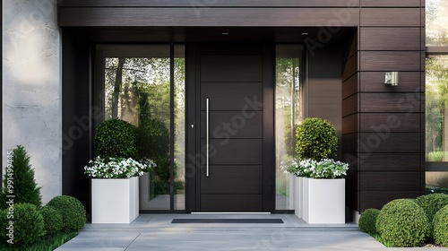 A modern front door with dark wood and glass