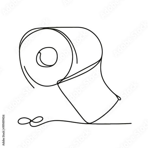A roll of toilet paper is shown in a black and white drawing. The roll is unrolled and has a small hole in the middle. Concept of simplicity and everyday life