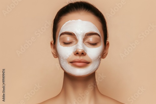 Young European woman with closed eyes, applies moisturizing mask on face, takes care of skin, poses on beige background. Beauty concept, cosmetic care, spa,