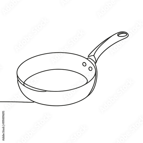 A pan is shown in a black and white drawing. The pan is empty and has a handle