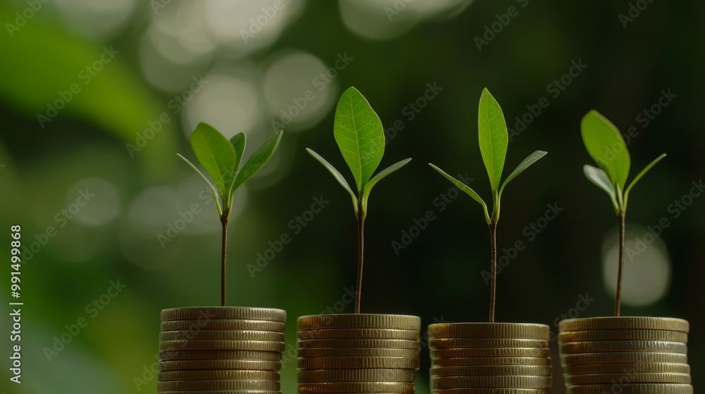 The concept of financial growth illustrated by seedlings emerging from stacks of coins, representing the potential of green investments. The concept of financial growth illustrated by seedlings emerging from stacks of coins, representing the potential of green investments.