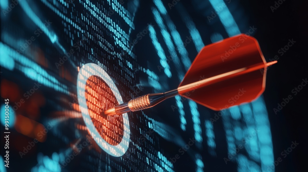 The dart landing on the bullseye symbolizing pinpoint accuracy in data science predictions, surrounded by evolving algorithms on the screen. The dart landing on the bullseye symbolizing pinpoint accuracy in data science predictions, surrounded by evolving algorithms on the screen.