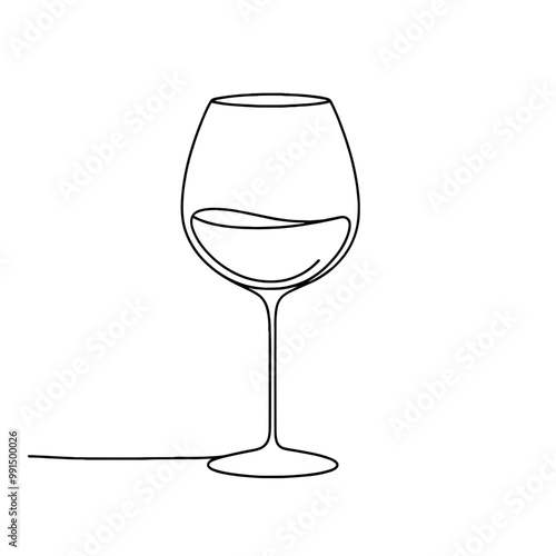 A wine glass is drawn in black and white. The wine glass is half full and has a stem