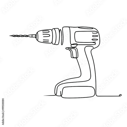 A black and white drawing of a power drill. The drill is shown in a very simple and clean style, with no shading or color. The focus is on the tool itself, rather than any details or surroundings