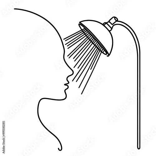 A person is standing under a shower head, getting wet. The water is coming out of the shower head in a steady stream