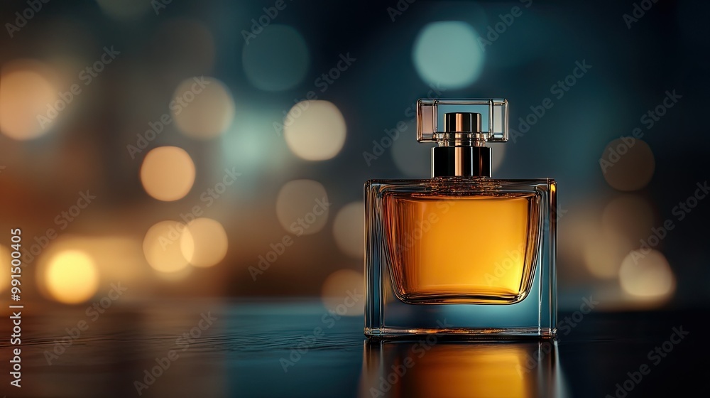 Close-up of a perfume bottle with a high-contrast label, with a blurred background providing ample room for text.