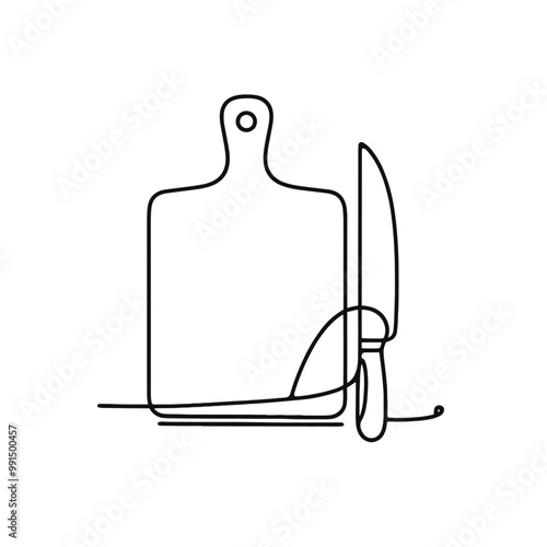 A knife and a cutting board are shown in a black and white drawing. The knife is placed on the cutting board, and the image conveys a sense of simplicity and functionality