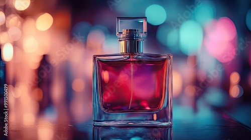 Close-up of a perfume bottle with a high-contrast label, with a blurred background providing ample room for text.