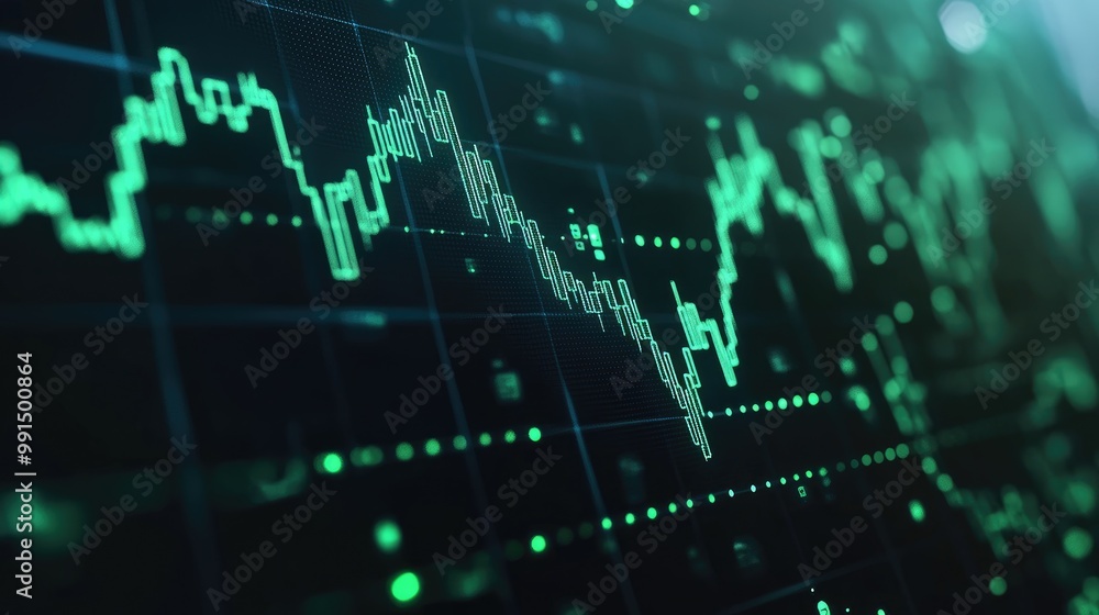 A financial dashboard with a stock market chart, green upward trend lines, and data points, highlighting a bullish market in a modern digital interface. A financial dashboard with a stock market chart, green upward trend lines, and data points, highlighting a bullish market in a modern digital interface.