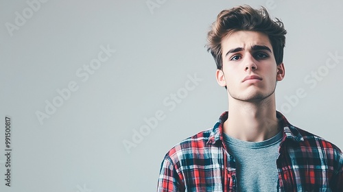 Serious looking young Caucasian man in casual plaid shirt gazing directly at with confident thoughtful expression in clean minimalist studio setting photo