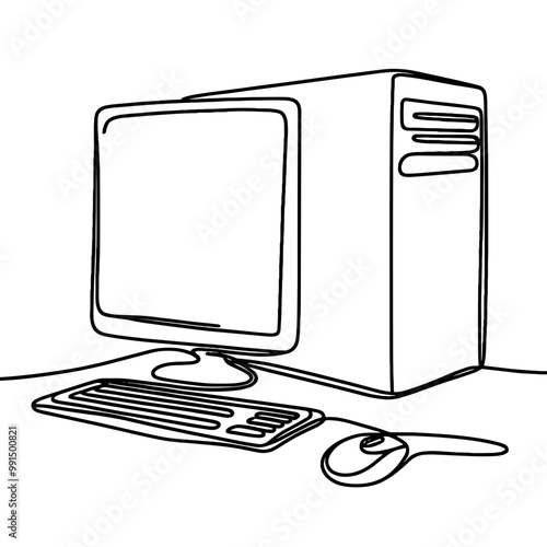 A computer monitor sits on a desk with a keyboard and mouse. The computer is turned off. Concept of technology and productivity