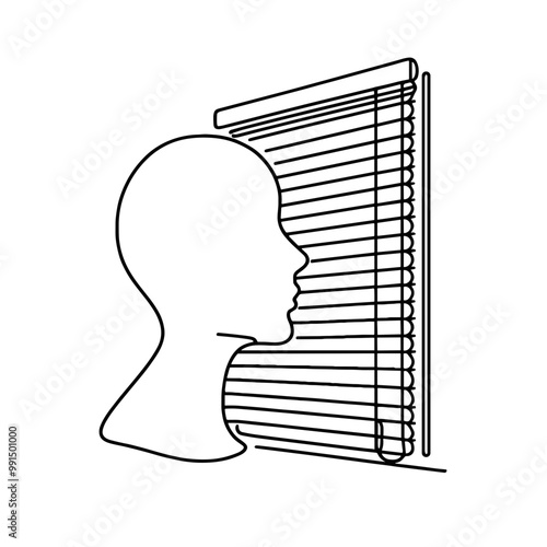 A man's head is shown looking out a window with blinds. Concept of curiosity and longing, as the man gazes out into the unknown. The window blinds add a sense of privacy and mystery