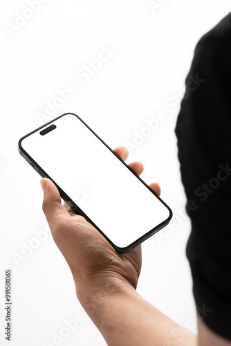man holding smartphone mockup with blank screen on hand with transparent background. mobile phone hand mockup