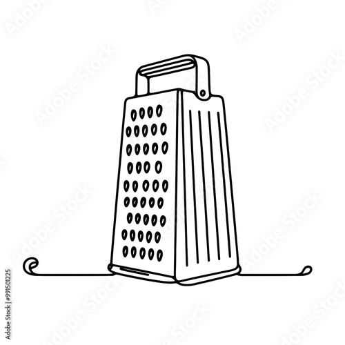 A grater is shown in a black and white drawing. The grater is sitting on a white background