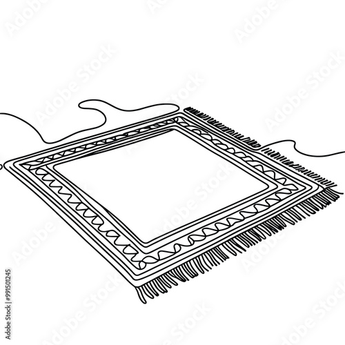 A black and white drawing of a rug with a white frame. The rug is fringed and has a diamond pattern