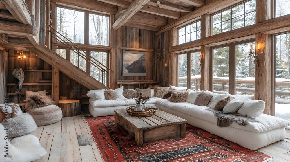Cozy cabin living room with natural materials and wooden furniture Cozy cabin living room with natural materials and wooden furniture
