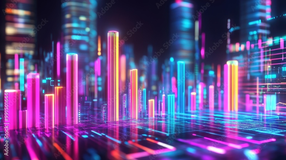 A futuristic 3D bar chart, with sleek neon-colored bars growing at different levels, placed against a holographic background filled with data streams. A futuristic 3D bar chart, with sleek neon-colored bars growing at different levels, placed against a holographic background filled with data streams.
