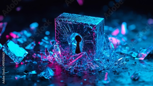 A digital lock shattering into fragments, symbolizing the failure of online security systems and the urgent need for cybersecurity innovation. photo