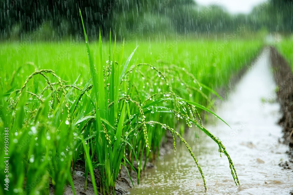 Overflowing Rice Torrential rain falling over rice paddies, with water levels rising ...