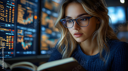 Female Financial Regulators with Glasses Reading the Book 