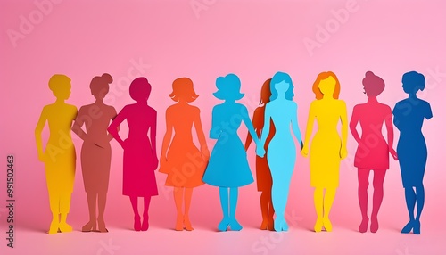 Celebrating Diversity and Inclusivity with Colorful Female Silhouettes on Pink Background