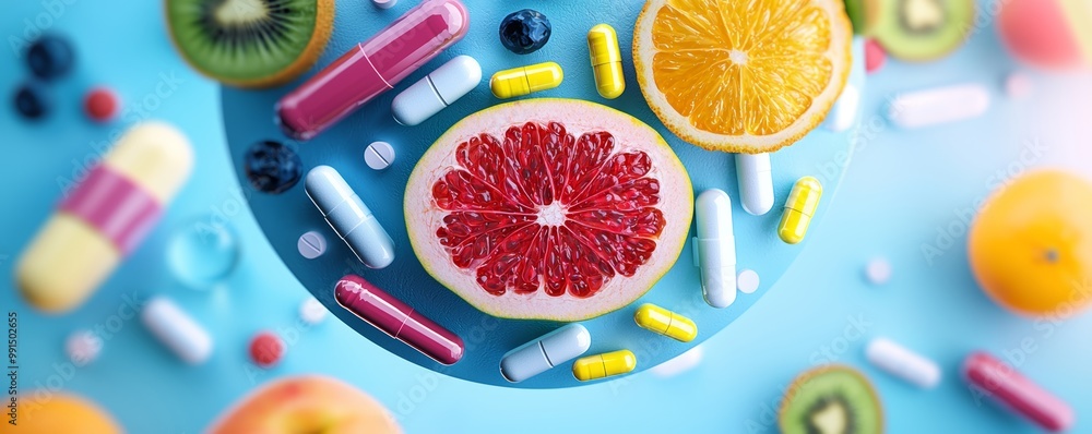 A futuristic health shield where fruits, vitamins, and pills create a protective barrier, symbolizing the importance of balanced nutrition for immune strength. A futuristic health shield where fruits, vitamins, and pills create a protective barrier, symbolizing the importance of balanced nutrition for immune strength.