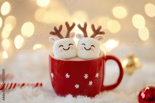 Christmas Reindeer Marshmallows in a Red Mug photo