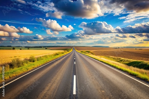 Highway road disappearing into the horizon with surrounding landscape, highway, infinity, adventure, clouds, endless, trees, landscape, asphalt, distance, sky, transportation, vanishing