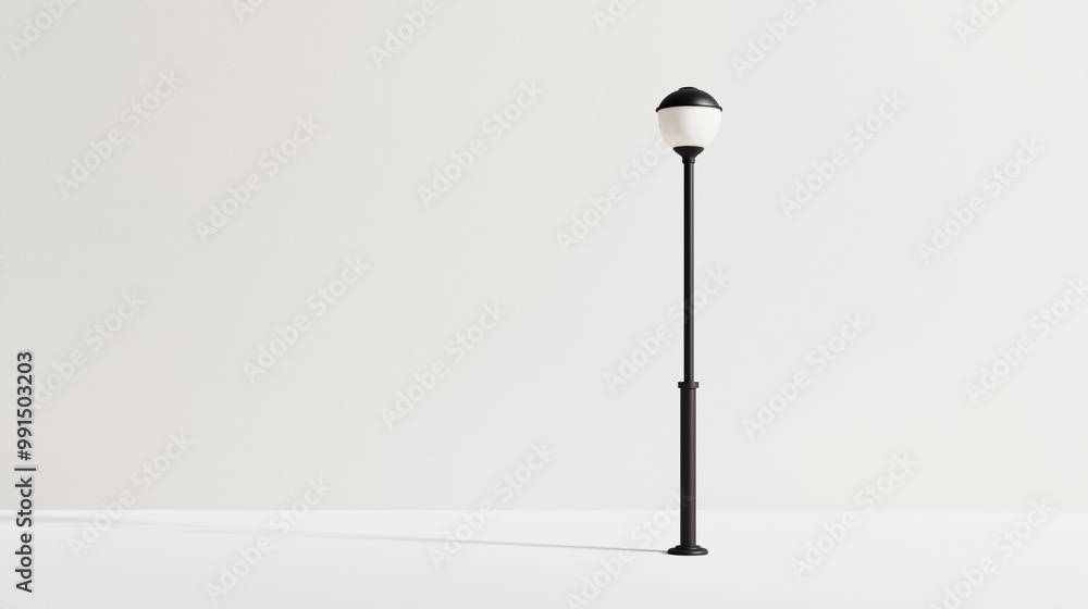 A solitary street lamp stands against a plain white wall, casting a faint shadow on the ground during daylight hours. A solitary street lamp stands against a plain white wall, casting a faint shadow on the ground during daylight hours.